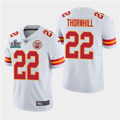 Men's Kansas City Chiefs #22 Juan Thornhill White Super Bowl LIV With 100th Season Patch Vapor Untouchable Limited Stitched NFL Jersey